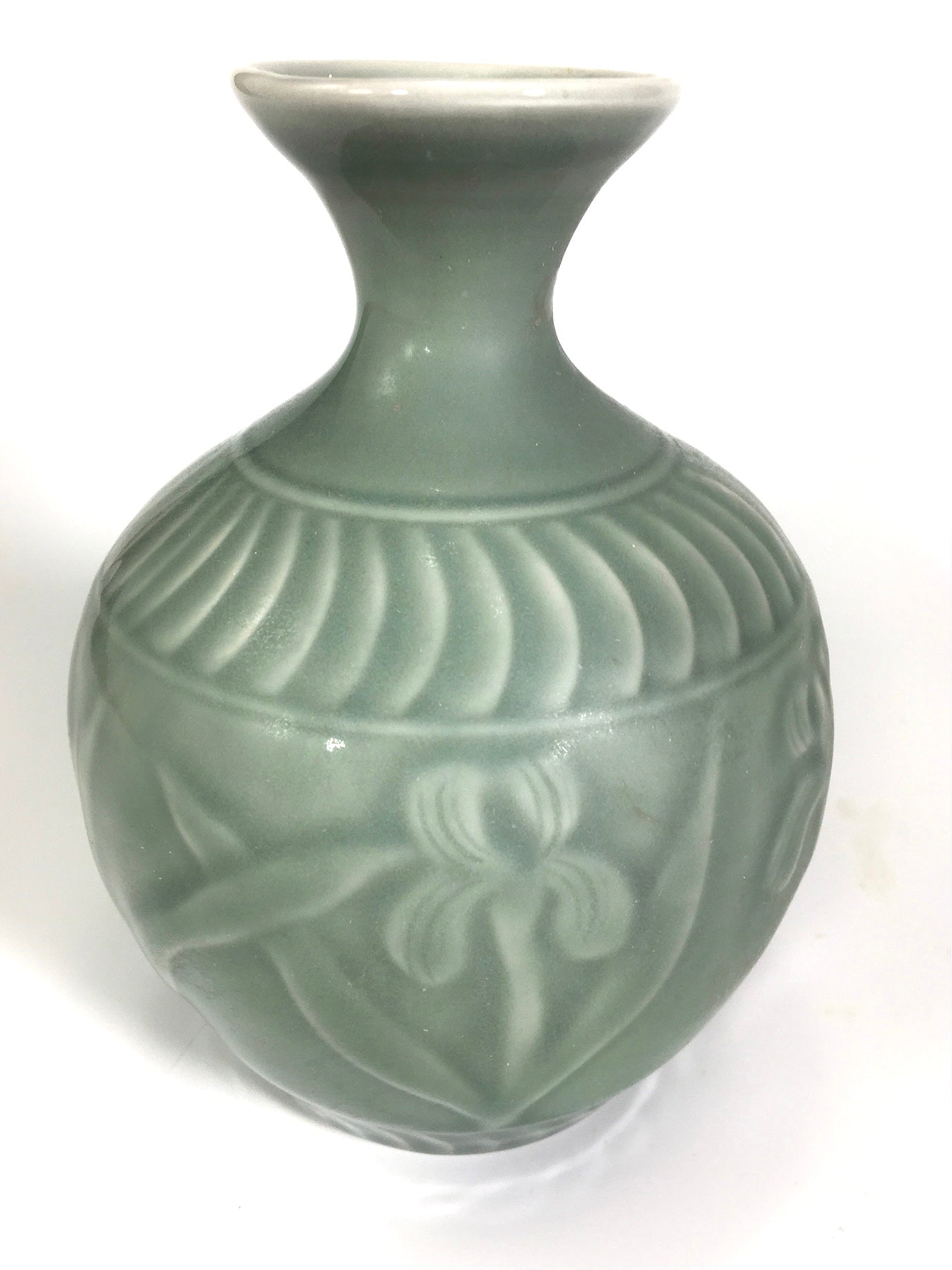 Porcelain vase hand-carved irises and celadon glaze